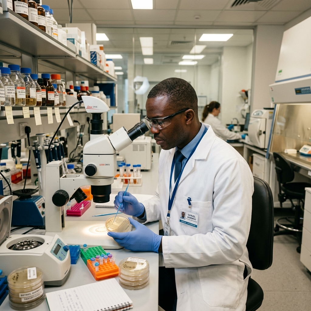 Black African scientist examining petri dishes in a microbiology laboratory