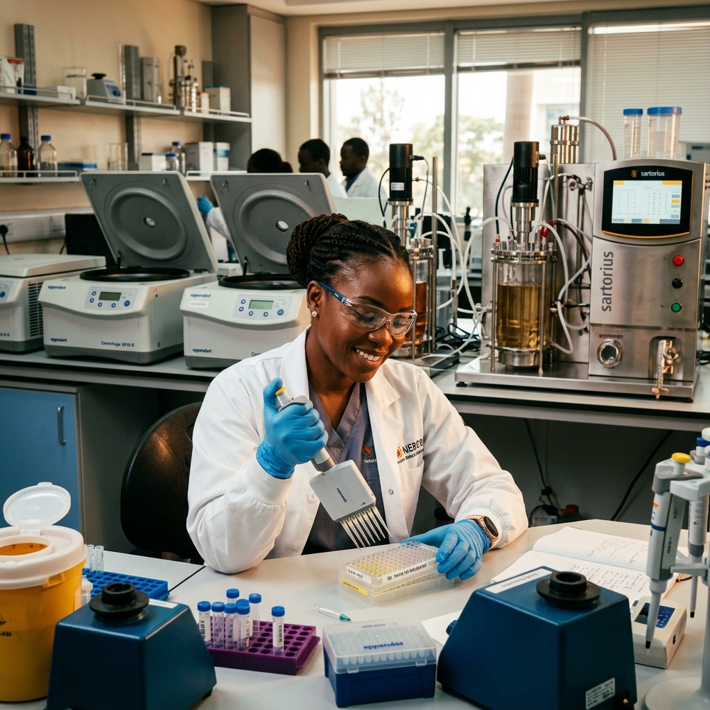 African female scientist pipetting samples in a biotechnology lab