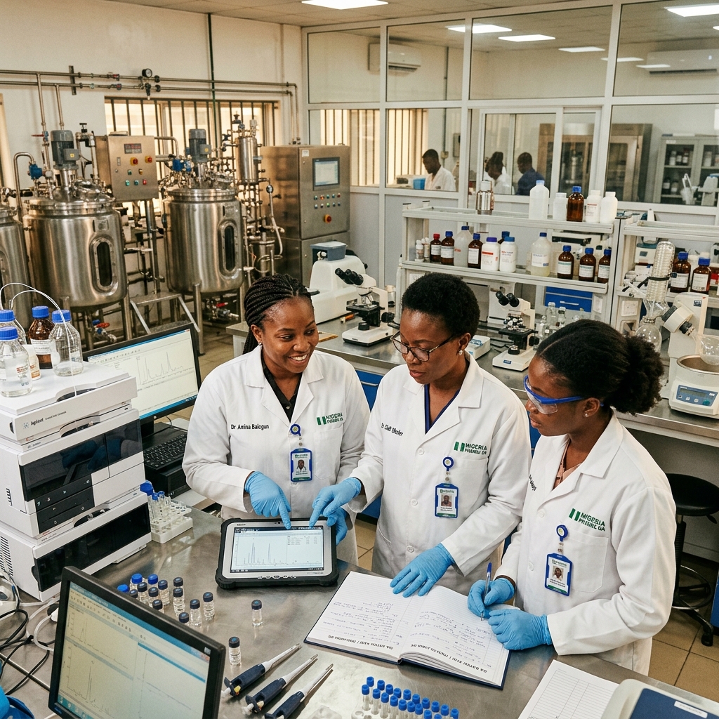 Group of African researchers collaborating in a pharmaceutical lab