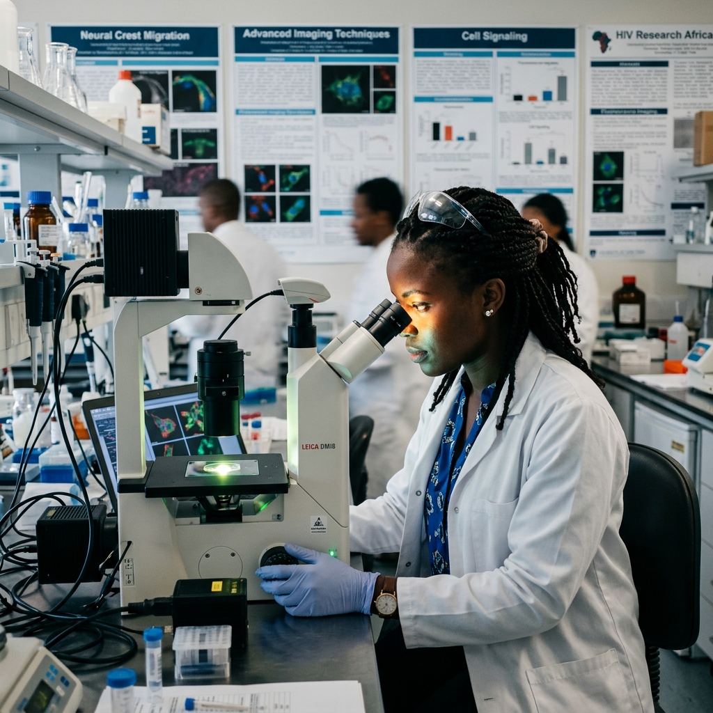 Young African scientist using a fluorescence microscope